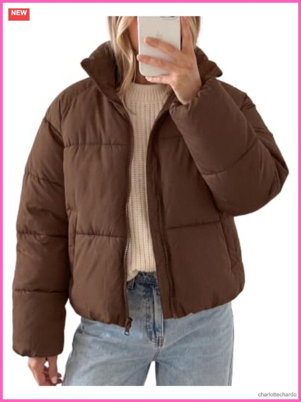 Womens Cropped Quilted Puffer Jacket Warm Zip-Up Winter Coat Oversized